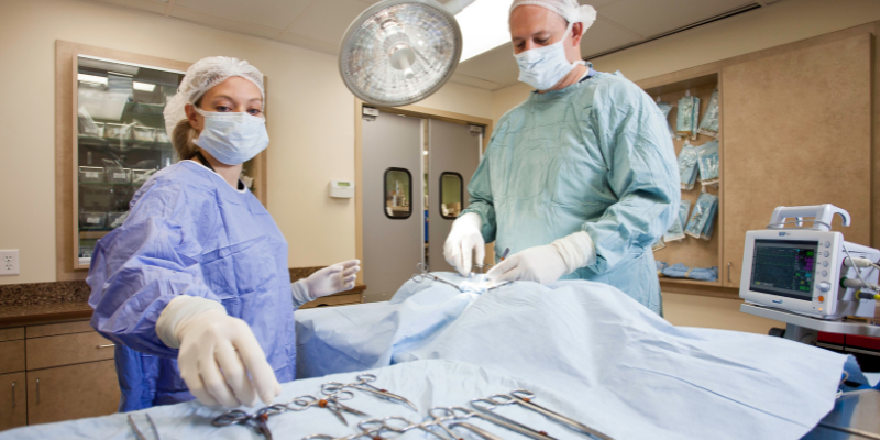 A veterinary surgeon room with two surgeons operating at a surgery table with tools in front of them; veterinary oncology, Animal Emergency & Referral Center of Minnesota
