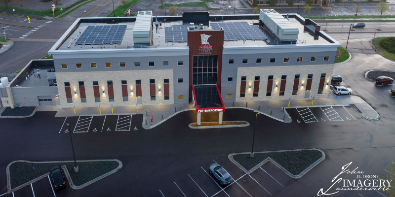 An aerial view of Animal Emergency & Referral Center of Minnesota's three-story ER & Specialty Center in Oakdale, MN. Animal Emergency & Referral Center of Minnesota.